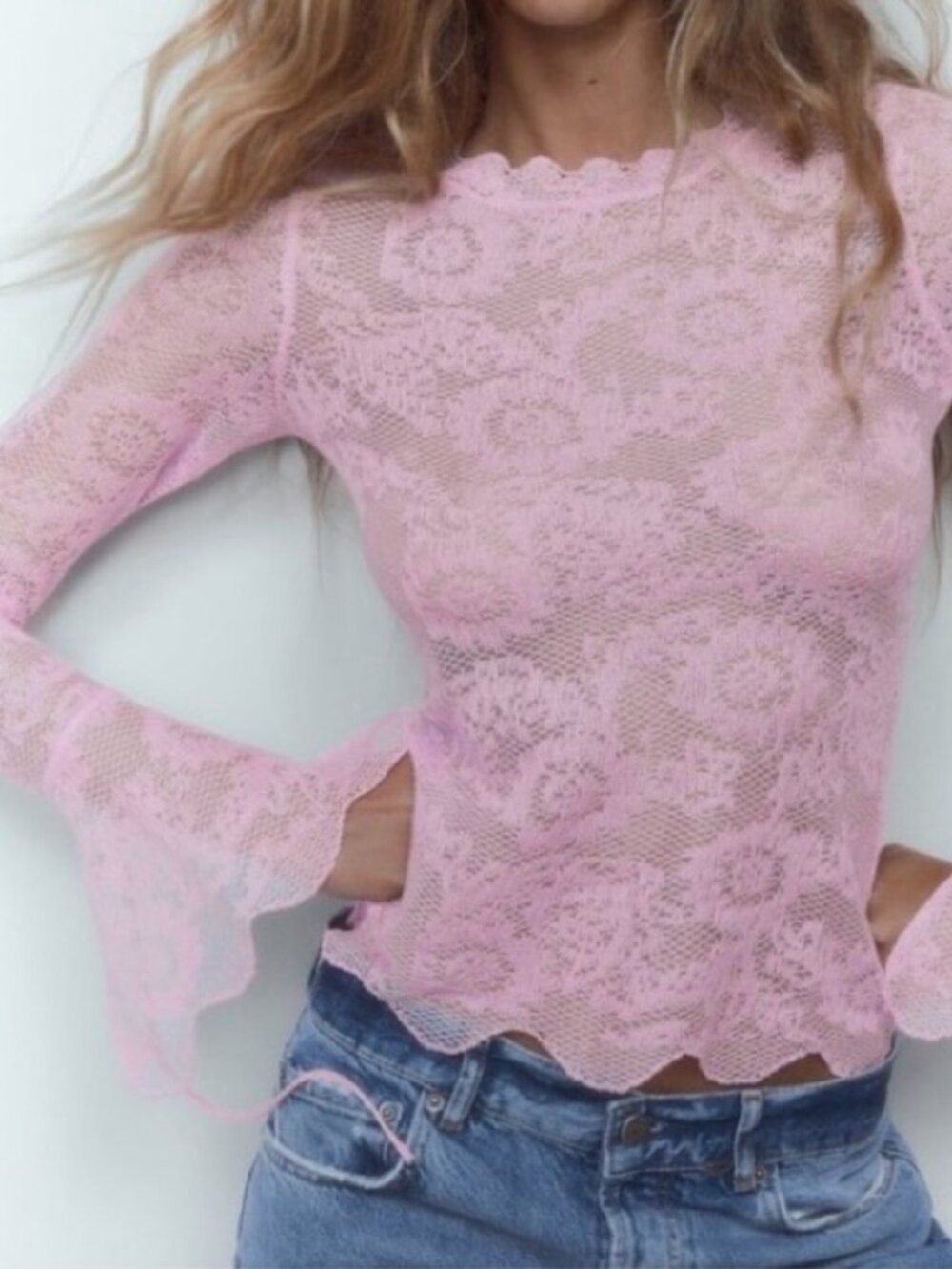 Zara Women's Pink Lace Long Sleeve Blouse with Bell Sleeves - Size M